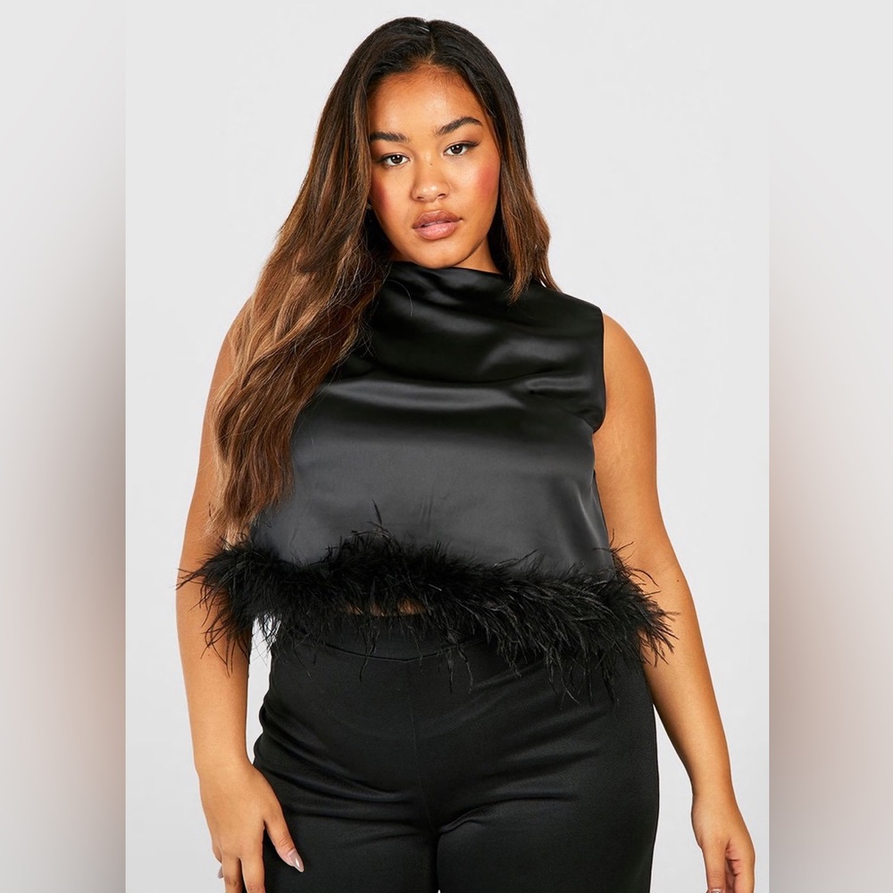 PLUS SATIN FEATHER HEM DETAIL TOP